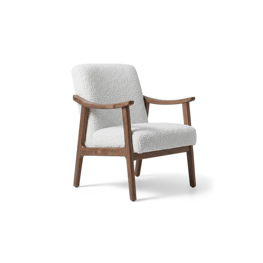 Ivory boucle accent chair with walnut wood legs, angled view (plain studio)