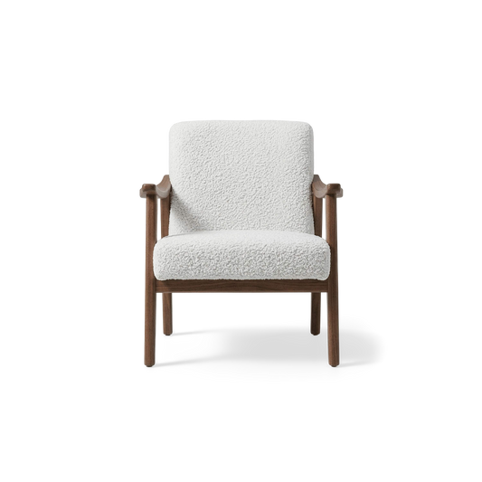 Ivory boucle accent chair with walnut wood legs, front view (plain studio)