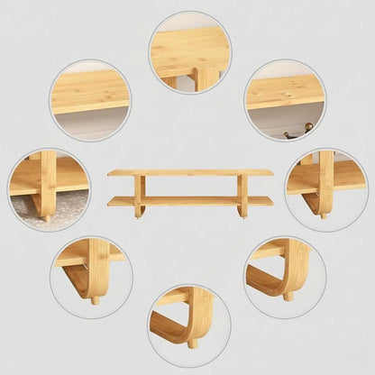 Minimalist Japandi-style bamboo TV console with a warm natural finish and two open shelves for a 65-inch home theater setup.
