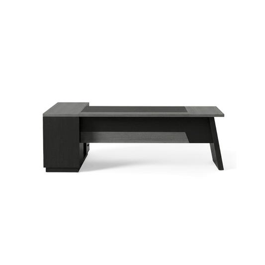 L-shaped desk with file cabinet in grey and black, plain studio view