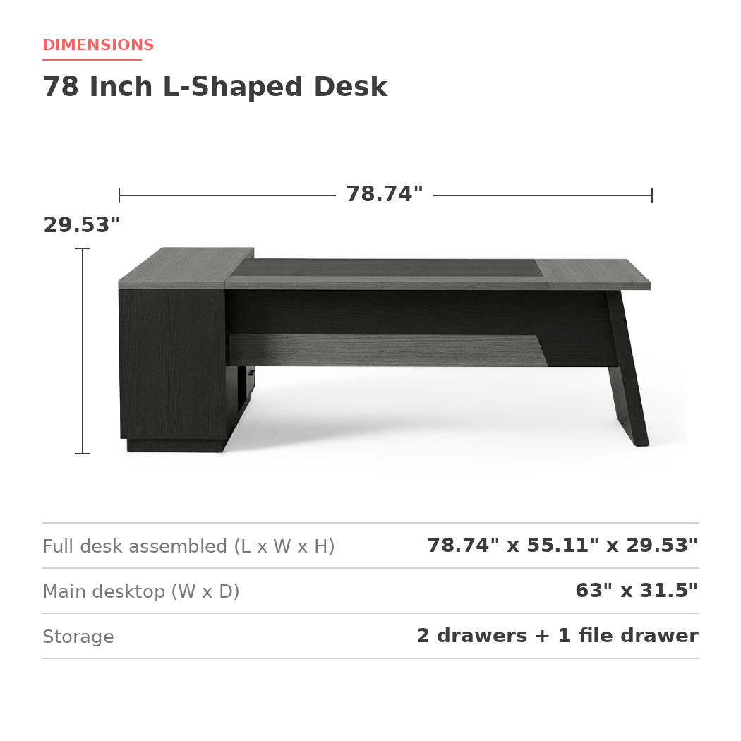 L-shaped desk measurements, 78.74 x 55.11 x 29.53 inches overall with a 63 x 31.5 inch main top (dimensions)