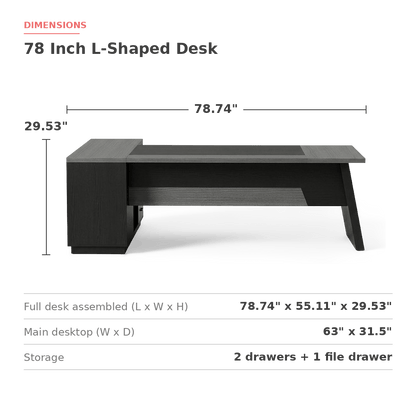 L-shaped desk measurements, 78.74 x 55.11 x 29.53 inches overall with a 63 x 31.5 inch main top (dimensions)