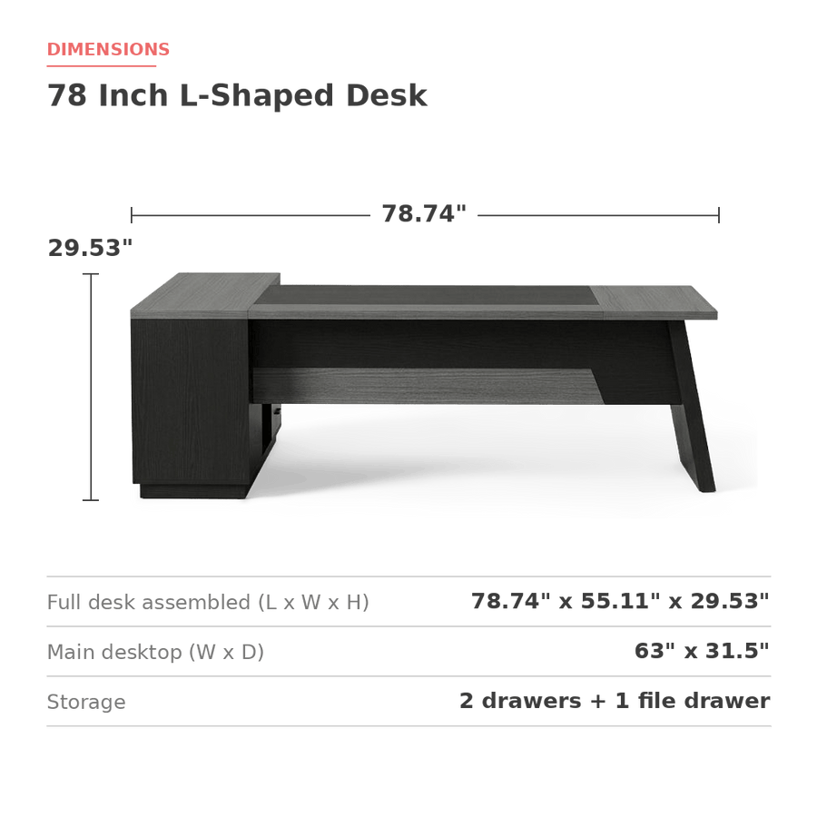 L-shaped desk measurements, 78.74 x 55.11 x 29.53 inches overall with a 63 x 31.5 inch main top (dimensions)