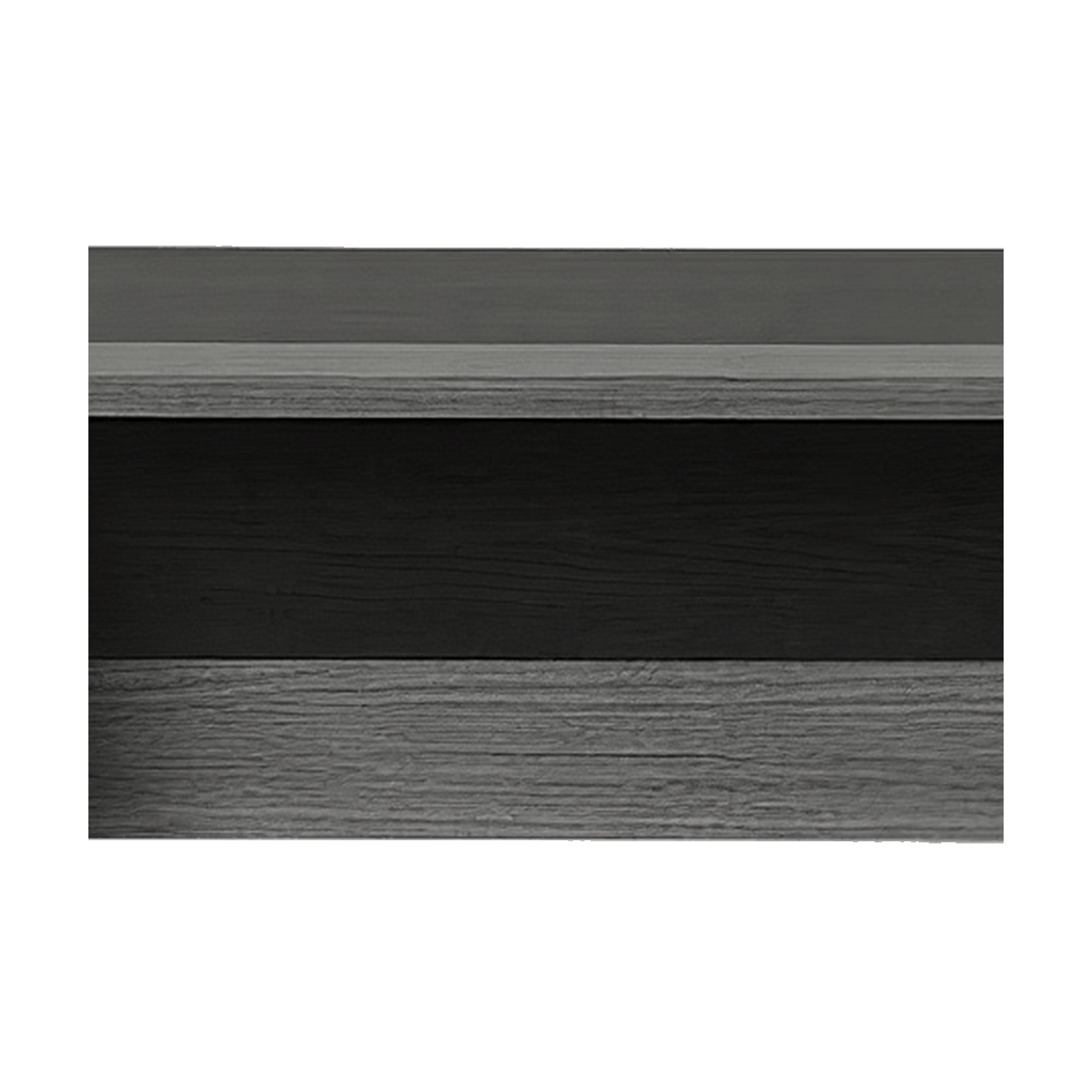 Privacy panel close-up, black modesty panel with a grey woodgrain accent stripe
