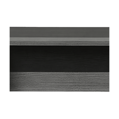 Privacy panel close-up, black modesty panel with a grey woodgrain accent stripe