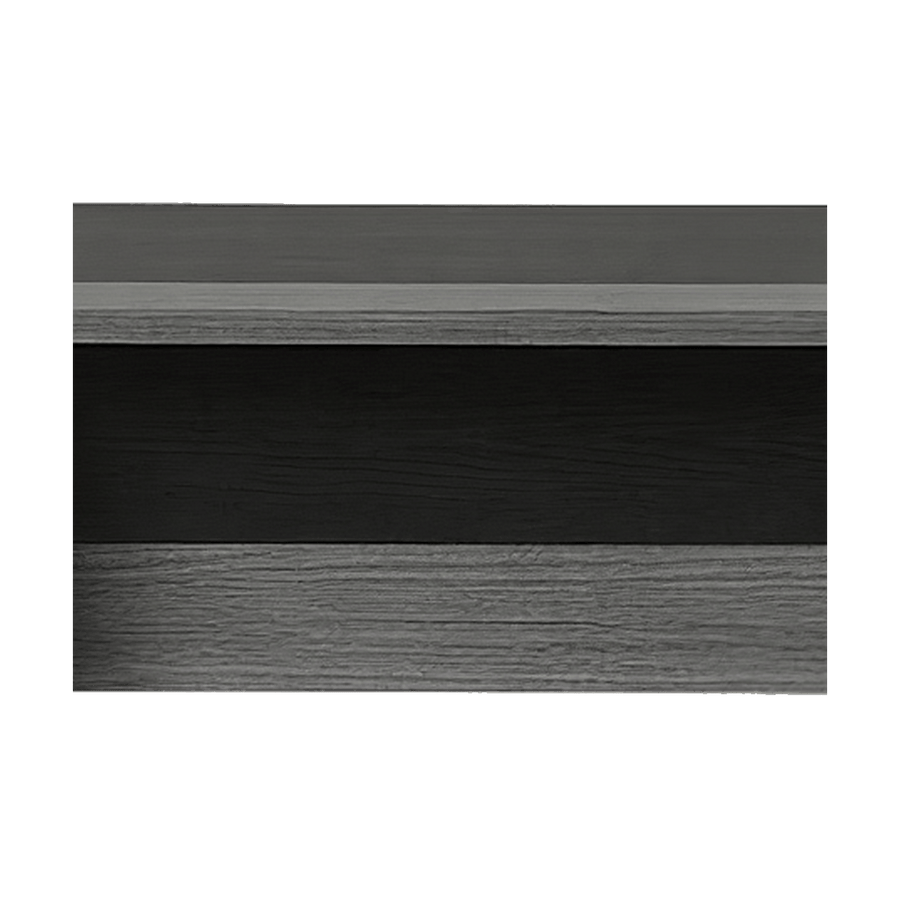 Privacy panel close-up, black modesty panel with a grey woodgrain accent stripe