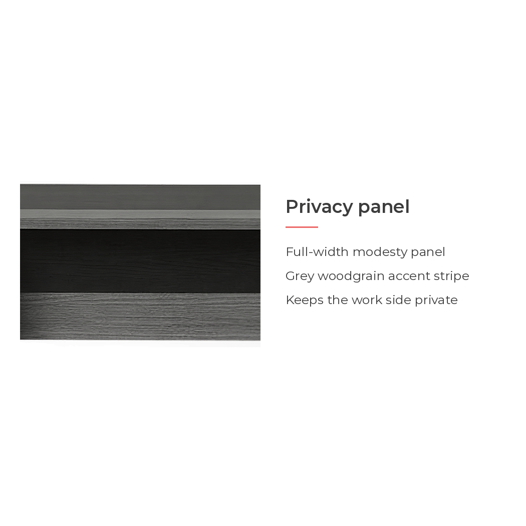 Privacy panel with a full-width modesty panel and grey woodgrain stripe (feature callout)