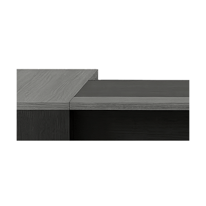 Raised return top close-up, thick grey woodgrain edge beside the inset desk pad