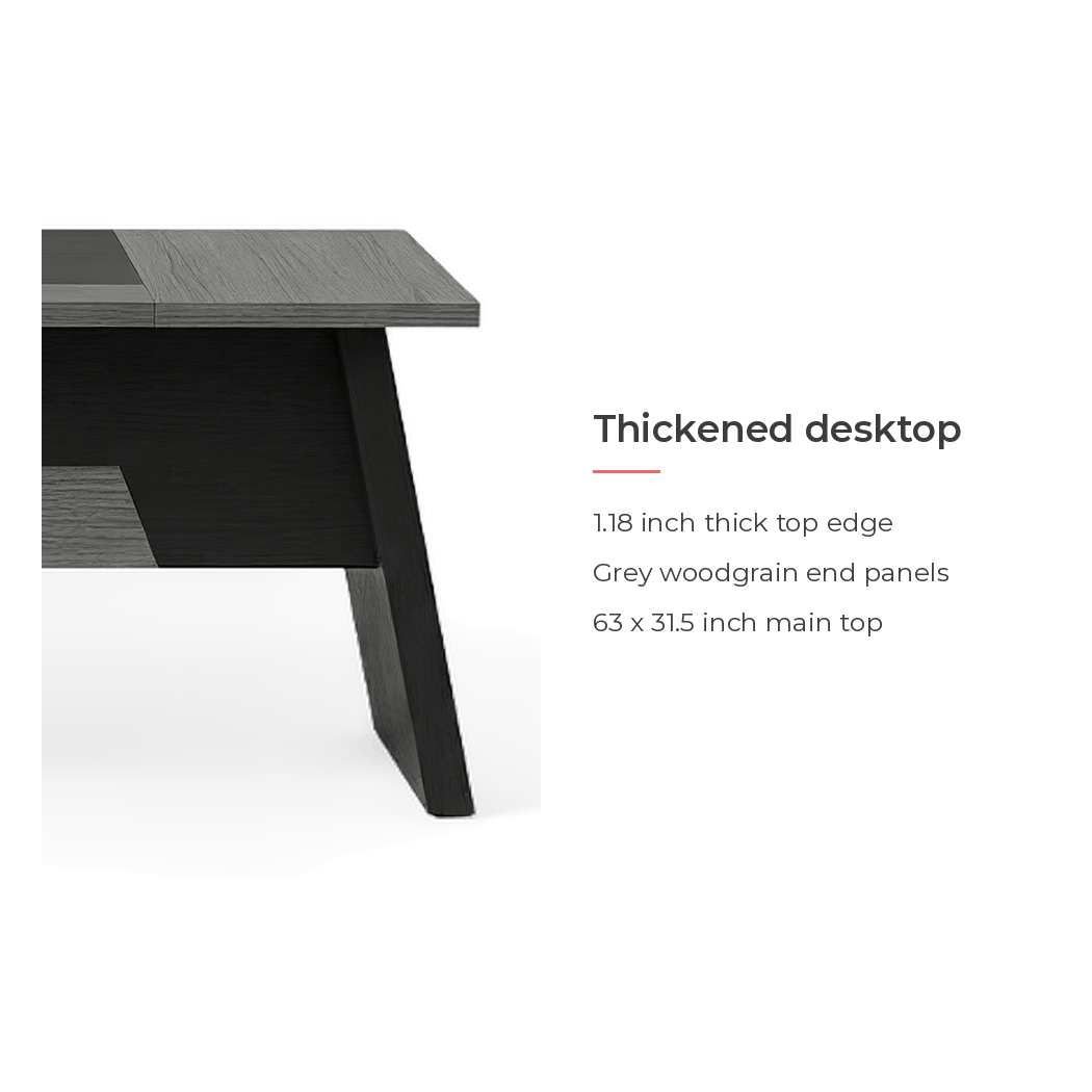 Thickened desktop with a 1.18 inch top edge and a 63 x 31.5 inch main top (feature callout)