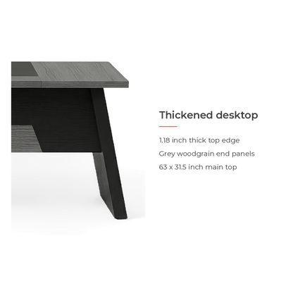 Thickened desktop with a 1.18 inch top edge and a 63 x 31.5 inch main top (feature callout)
