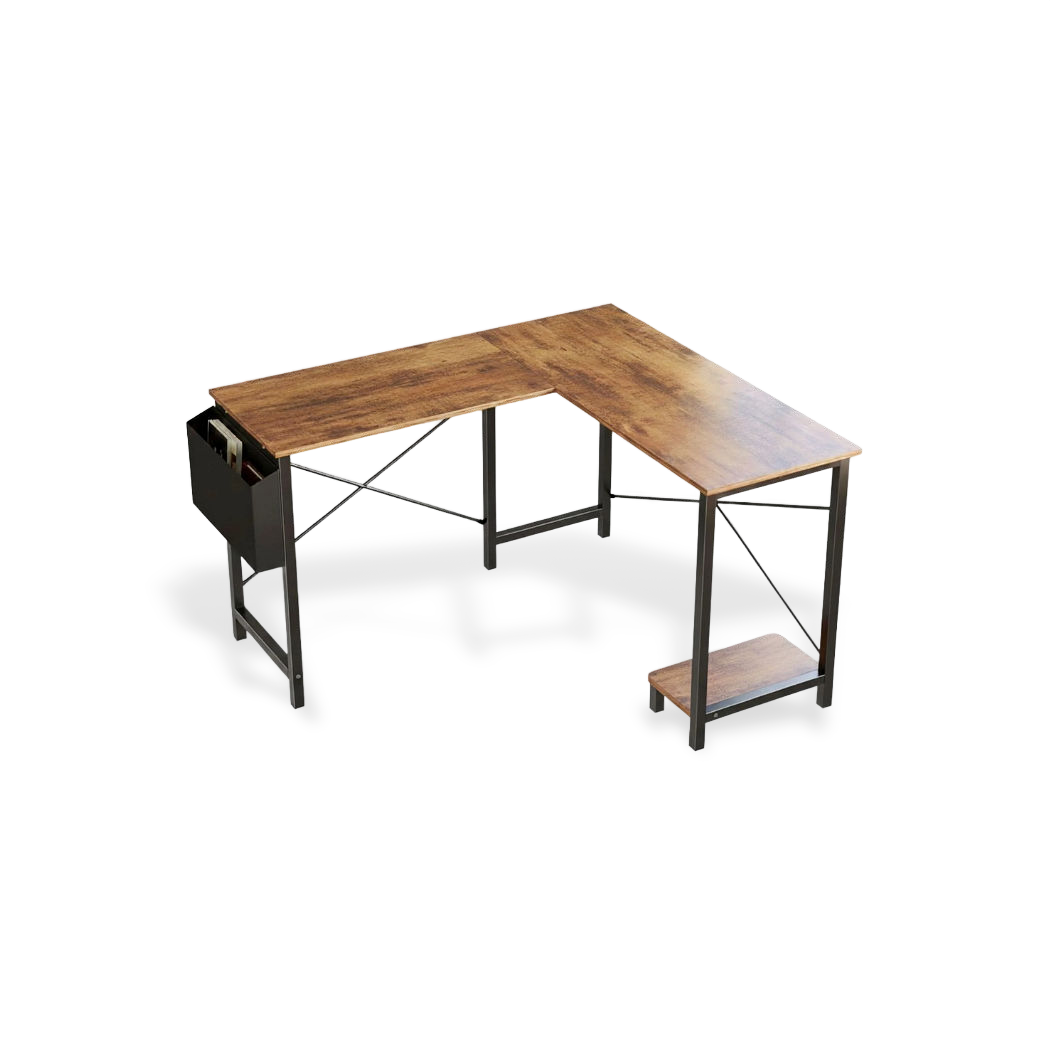 Raised three-quarter view of the L, the cloth bag at the left end and the bottom bracket under the return (plain studio)