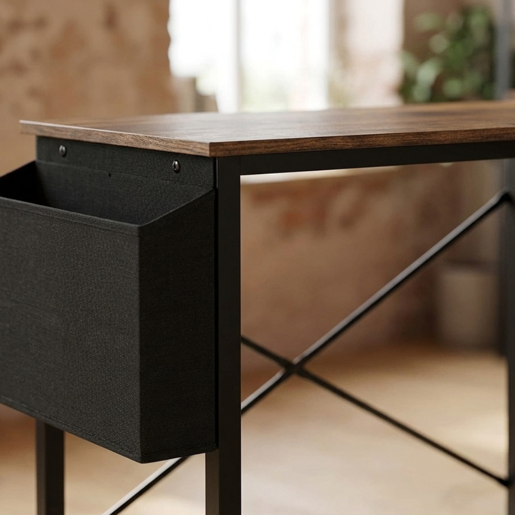Close-up of the black cloth storage bag hanging from the frame end under the wood-grain top, the room behind it out of focus (close-up detail)