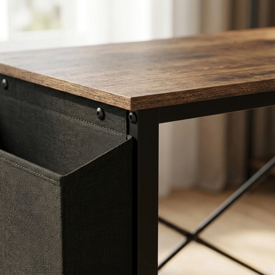 Close-up of the wood-grain top's edge meeting the black steel upright at its screwed corner, X brace blurred below (close-up detail)