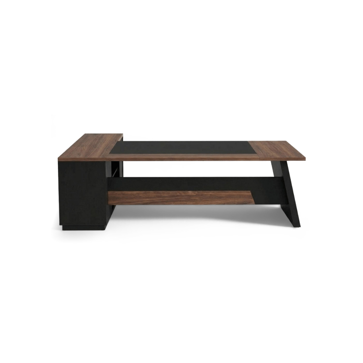 Walnut and black L shaped executive desk with a black inset top and a side return, shown from the front on a white background