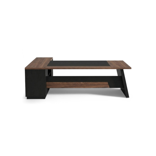 Walnut and black L shaped executive desk with a black inset top and a side return, shown from the front on a white background