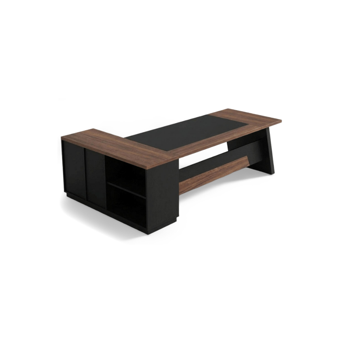 Walnut and black L shaped executive desk with drawers and open shelves, shown at an angle