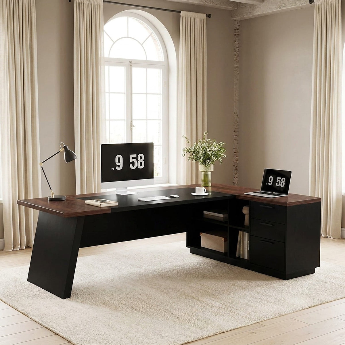 Walnut and black L shaped desk with drawers and open shelves in a bright greige office with an arched window and cream curtains