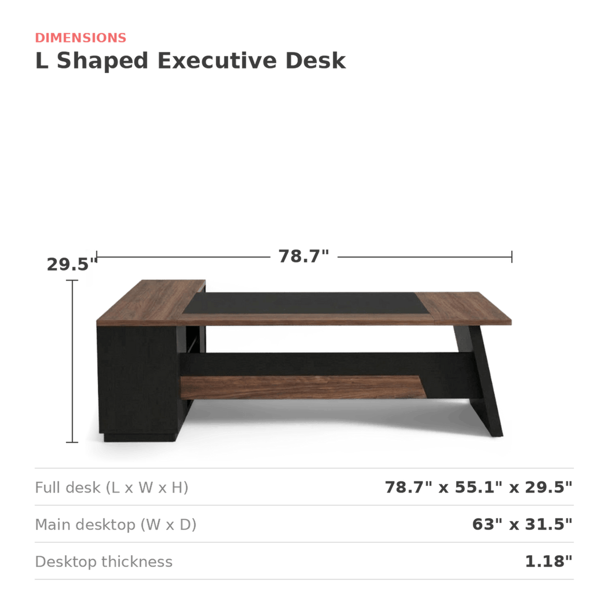 Measurements card: 78.7 inches long by 55.1 wide by 29.5 high, main desktop 63 by 31.5 inches, 1.18 inch thick top (dimensions)