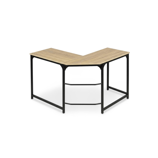 L-shaped oak-effect corner desk on a plain #f3f3f3 studio ground