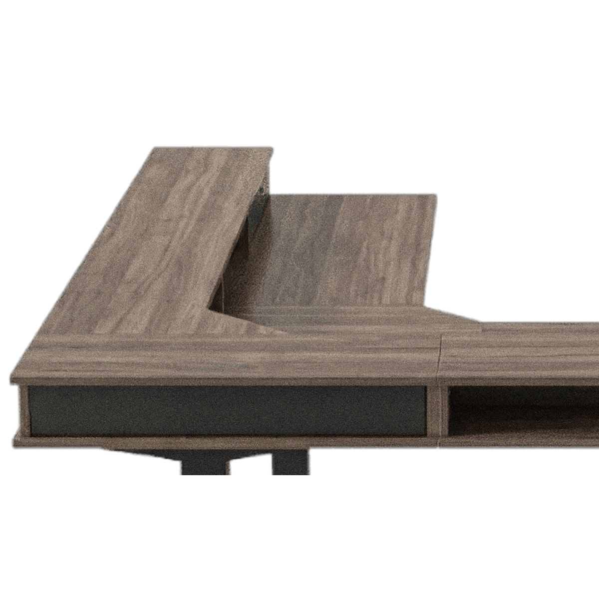 Black drawer front under the raised walnut-finish shelf at the corner of the L top (close-up detail)