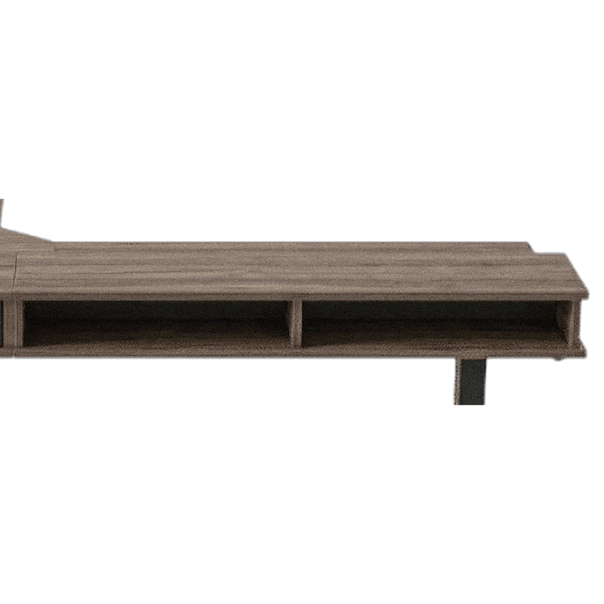 Two open cubbies along the right arm of the walnut-finish desk top (close-up detail)