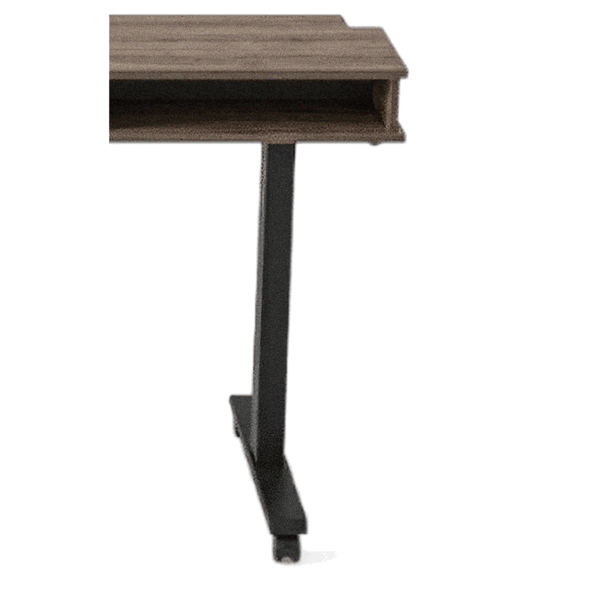 Right arm end of the desk resting on a black steel leg and T-shaped foot (close-up detail)