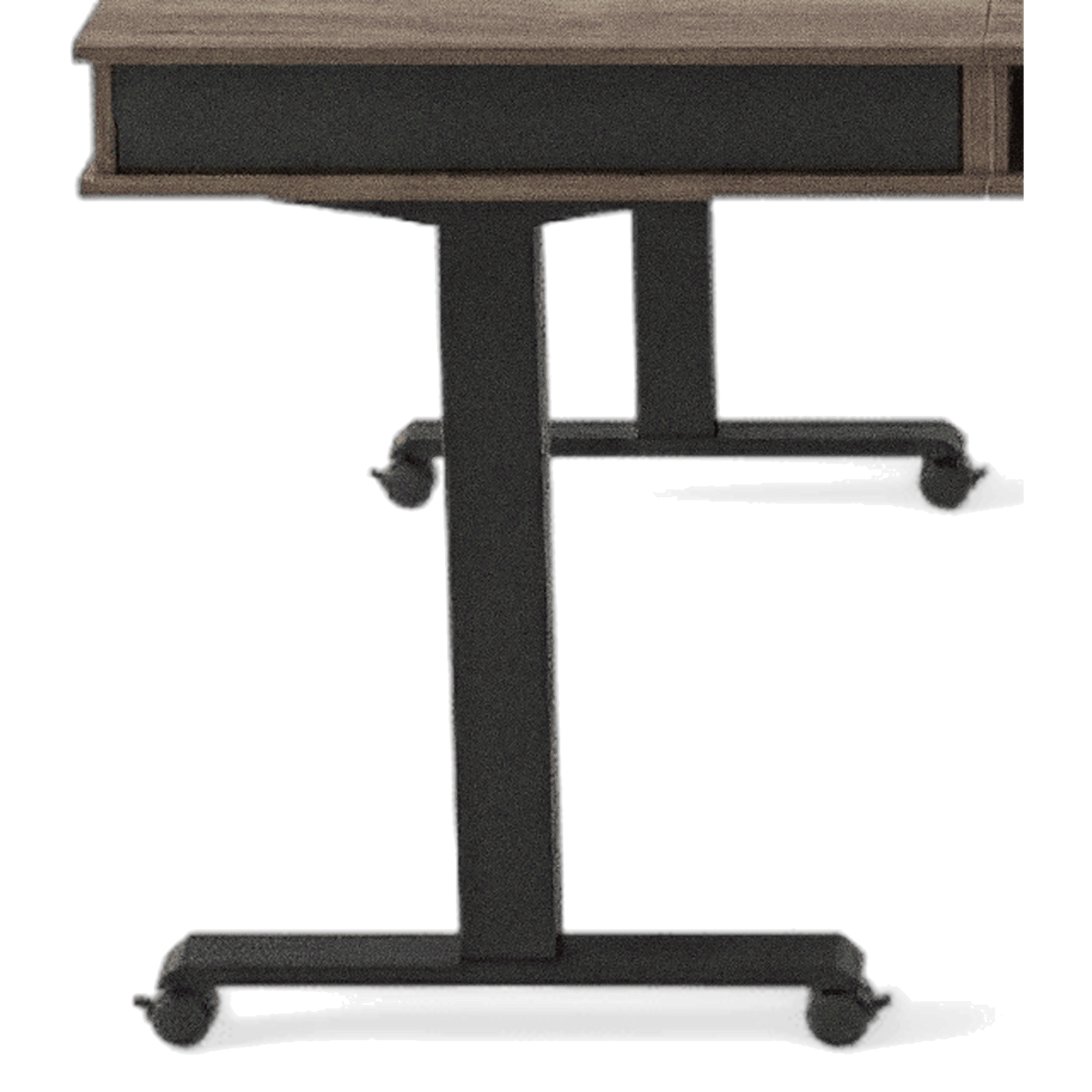 Black steel leg on a T-shaped foot with a lockable swivel caster (close-up detail)
