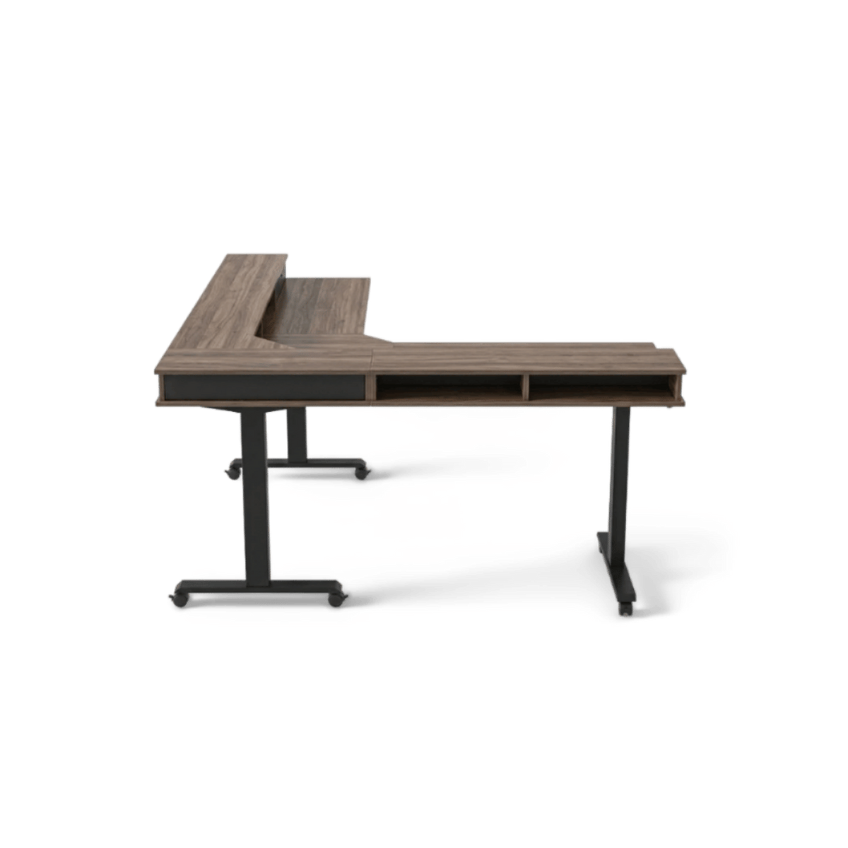 L shaped standing desk with storage, walnut-finish L top with raised shelf and black steel legs, front view