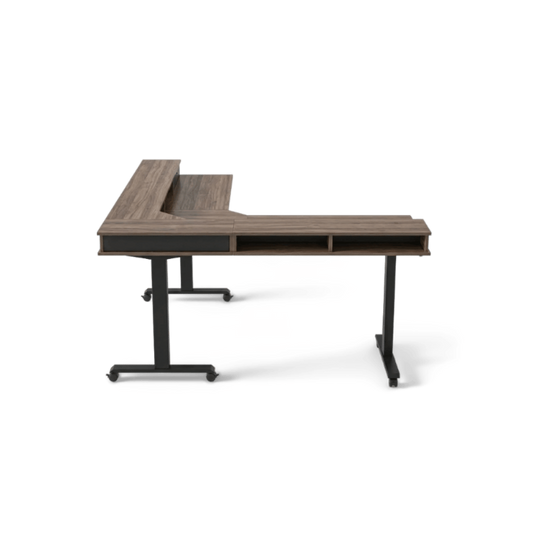 L shaped standing desk with storage, walnut-finish L top with raised shelf and black steel legs, front view
