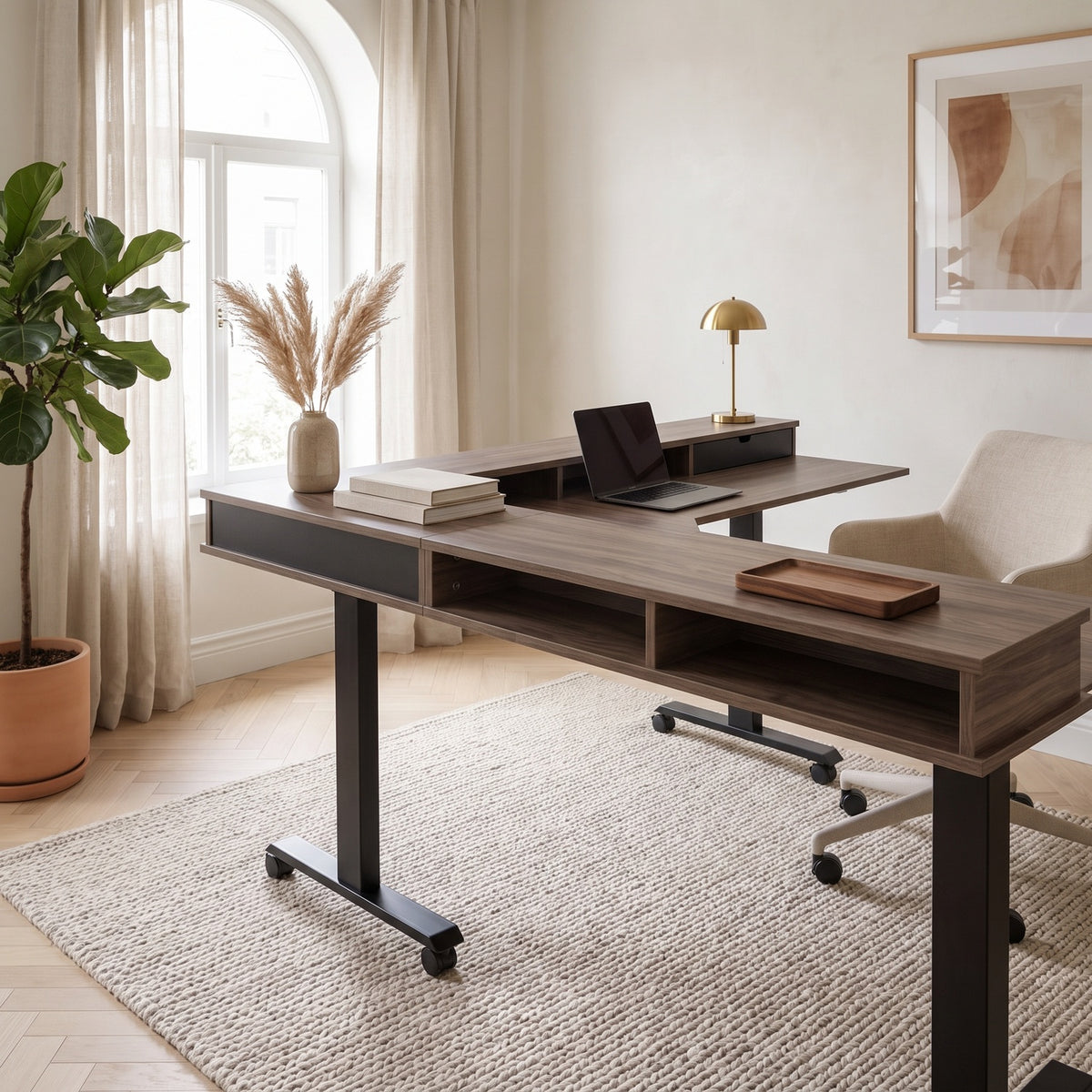 Walnut-finish L-shaped desk with open cubbies seen from the side in a bright home office