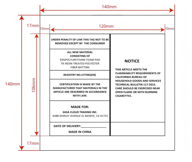 Technical drawing of a label with dimensions and text on a white background