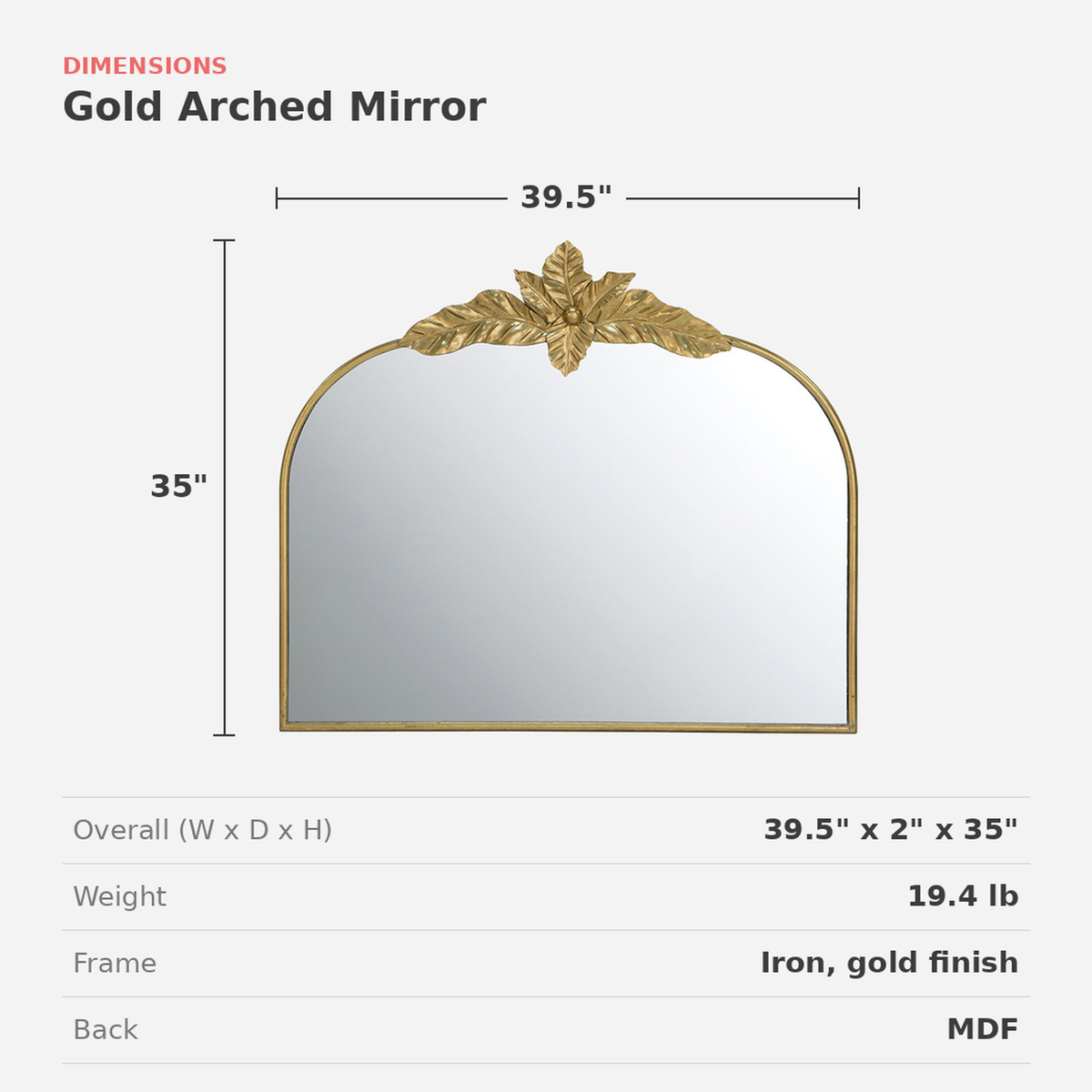 Gold arched mirror, 39.5 W x 35 H x 2 D in (dimensions)