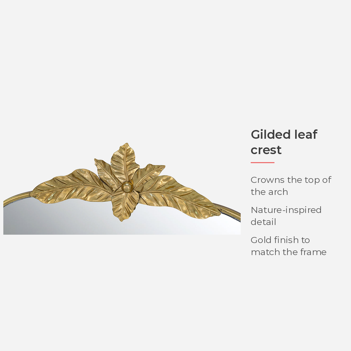 Gilded leaf crest with three short notes on the gold finish (feature callout)