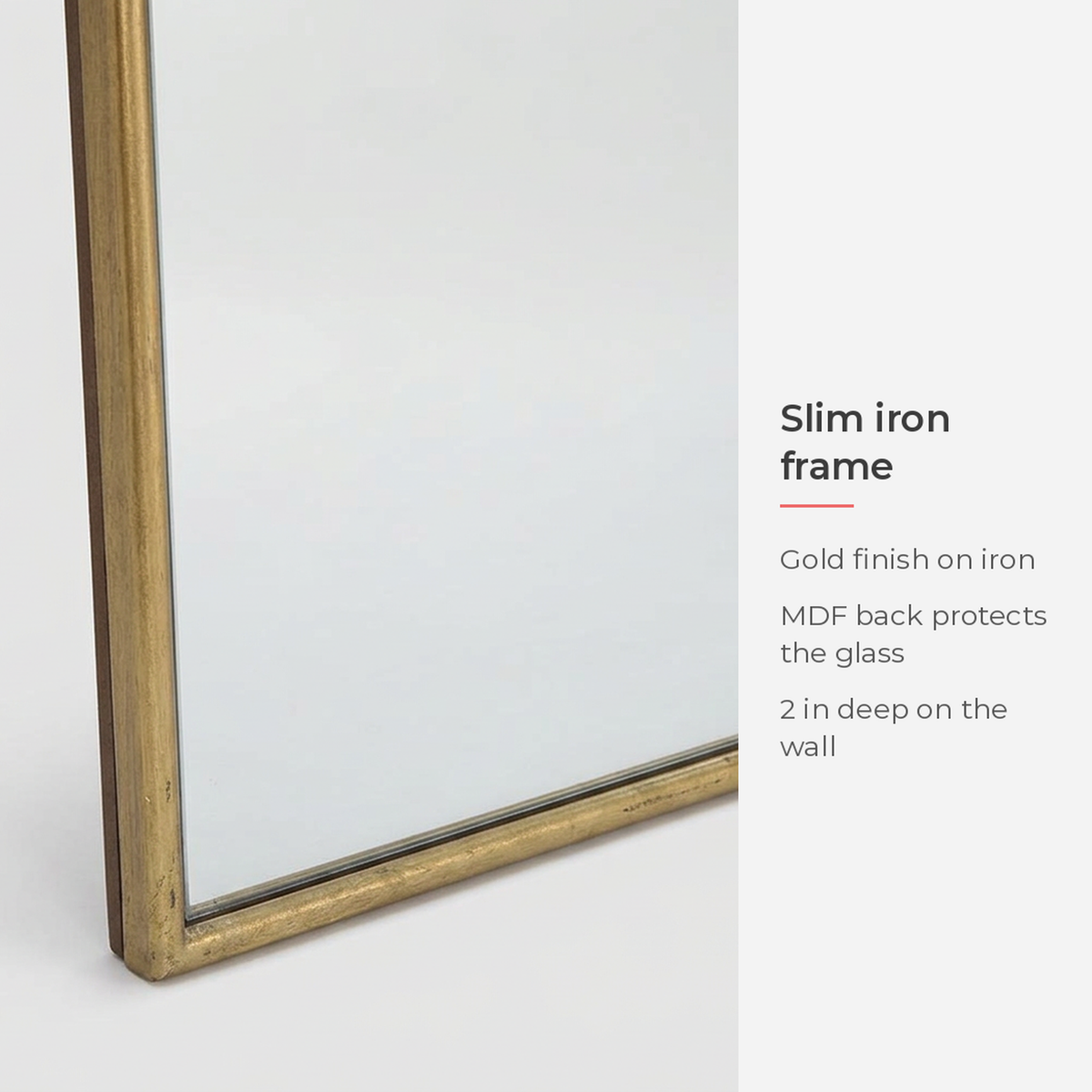 Slim iron frame corner with three short notes on the MDF back (feature callout)