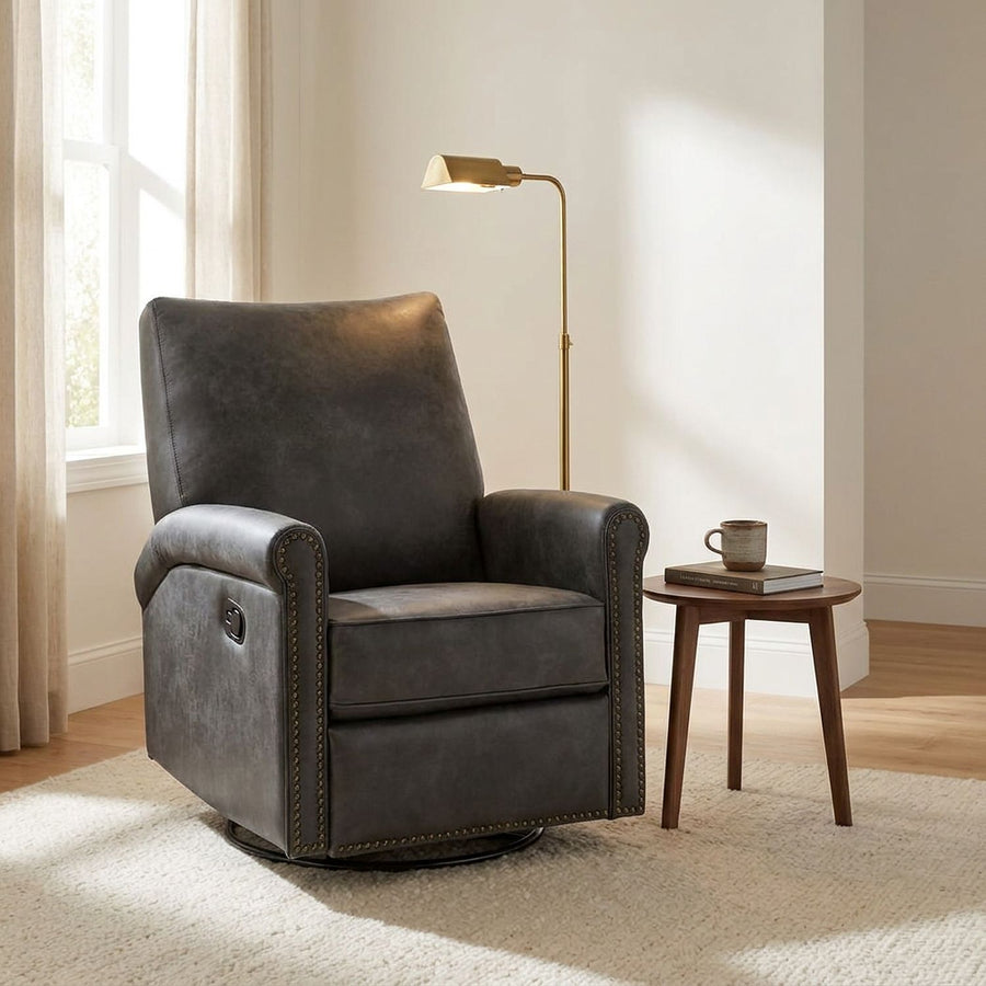 Leather Swivel Recliner Chair, Faux Leather, Nailhead Trim