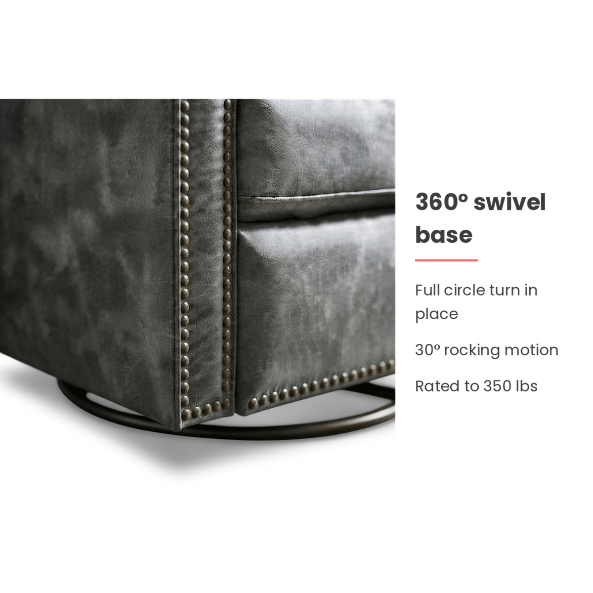Spec card: 360° swivel base on the leather swivel recliner chair, 30° rocking, rated to 350 lb