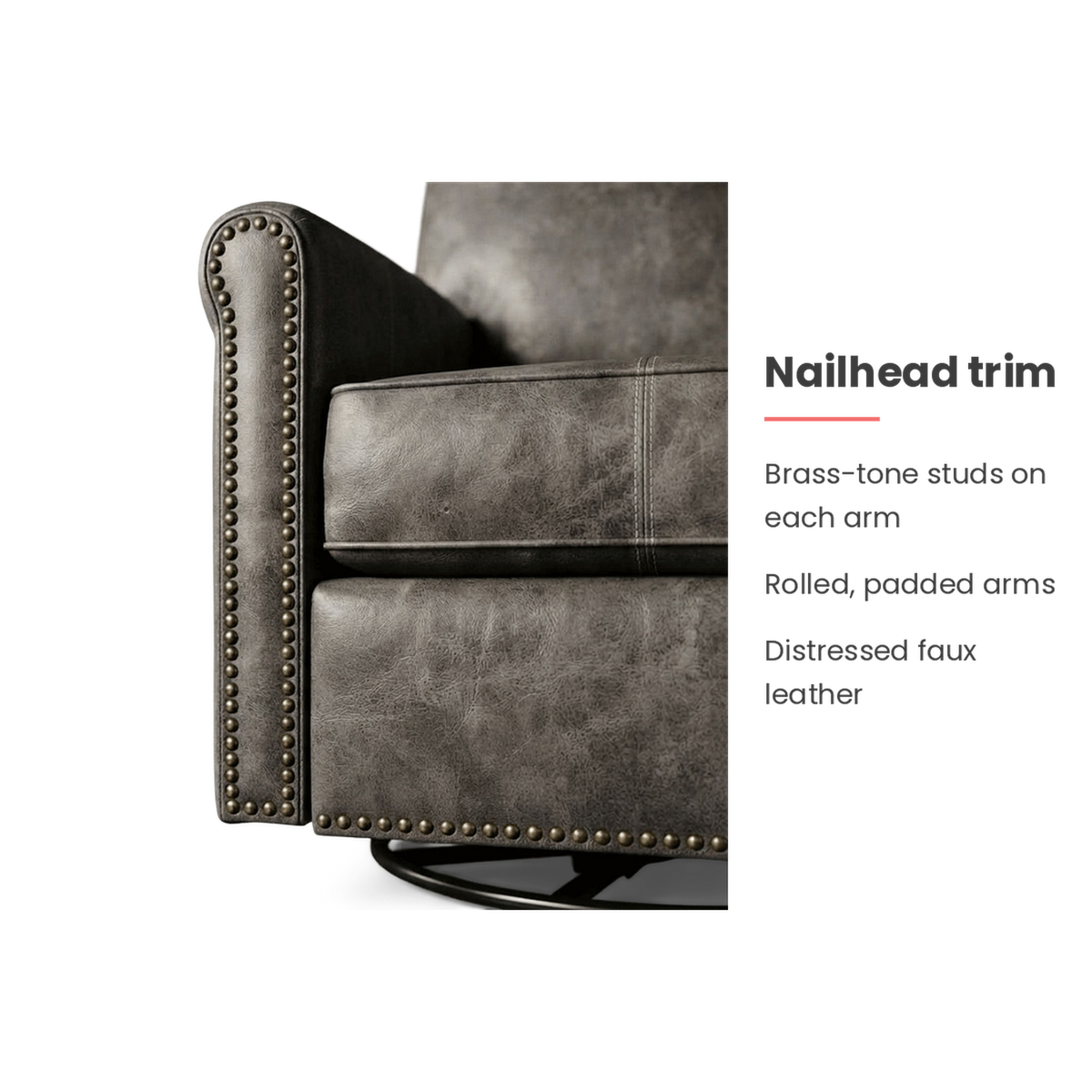 Spec card: brass-tone nailhead trim on the rolled, padded arms of the faux leather recliner