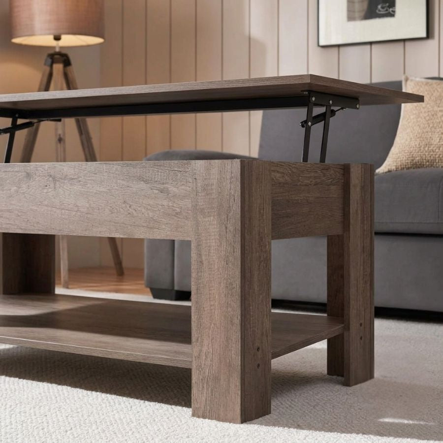 Demonstration of the lift-top table being used as a convenient workspace, ideal for high-ticket US buyers seeking multi-functional furniture.
