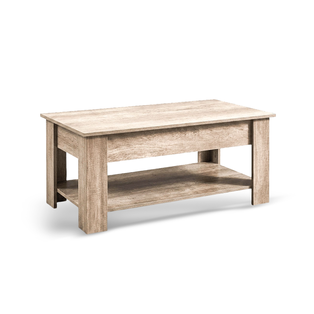 walnut-finish lift top coffee table revealing a spacious hidden storage compartment for living room organization.