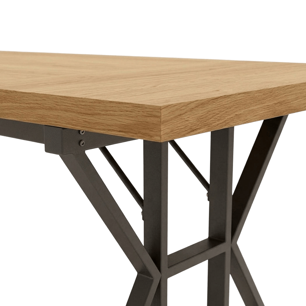 Close-up of the 1.57-inch oak top corner with the bolted black metal bracket beneath it (close-up detail)