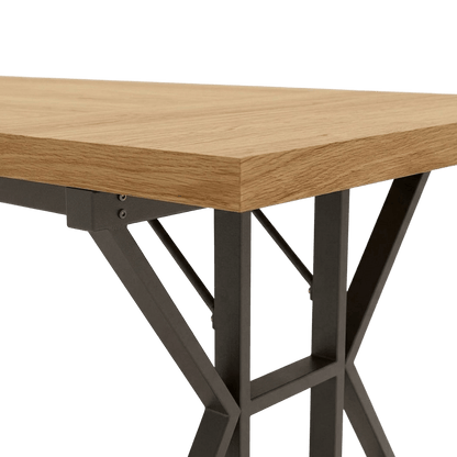 Close-up of the 1.57-inch oak top corner with the bolted black metal bracket beneath it (close-up detail)