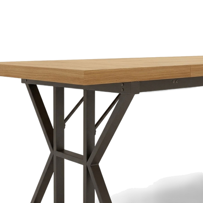 Close-up of the rear corner where the diagonal brace ties the trestle to the top (close-up detail)