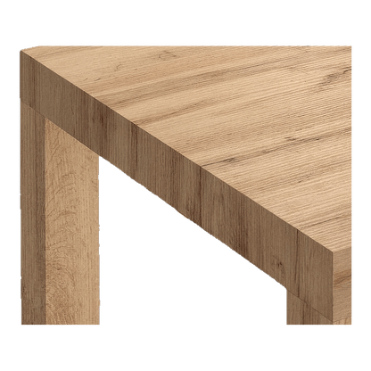 Close-up detail of the light oak corner where the square leg meets the 3.5-inch slab top