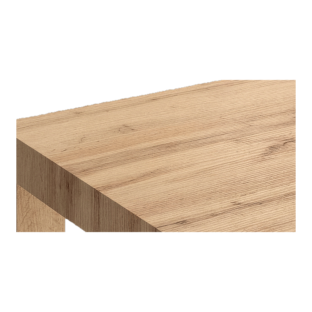 Close-up detail of the melamine top grain running the length of the table to its squared edge