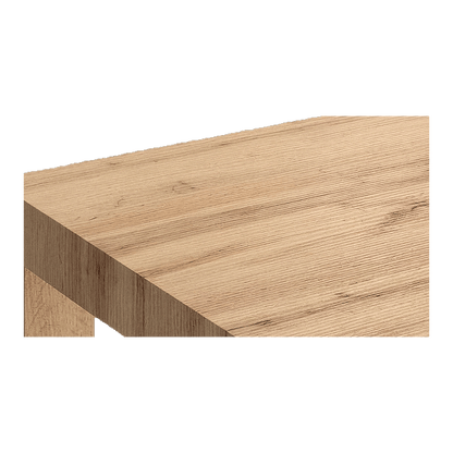 Close-up detail of the melamine top grain running the length of the table to its squared edge