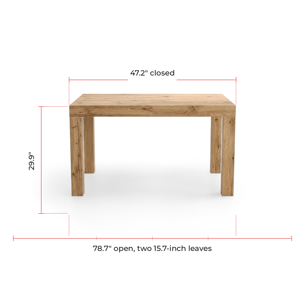 Measured drawing giving 47.2 inches closed, 78.7 open and 29.9 high for the oak table (dimensions)