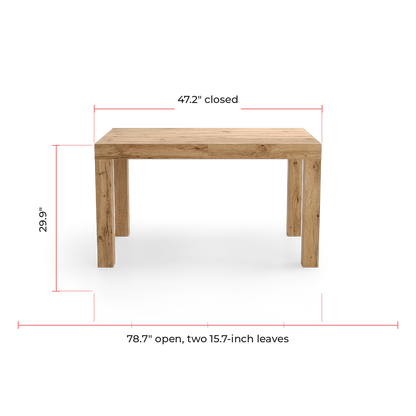 Measured drawing giving 47.2 inches closed, 78.7 open and 29.9 high for the oak table (dimensions)