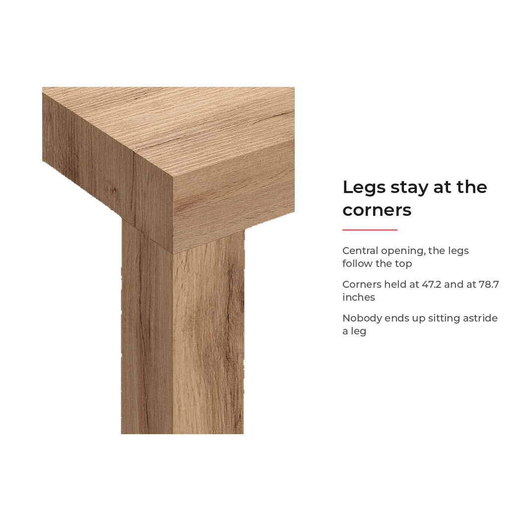 Spec card for the central opening that keeps all four legs at the corners (feature callout)