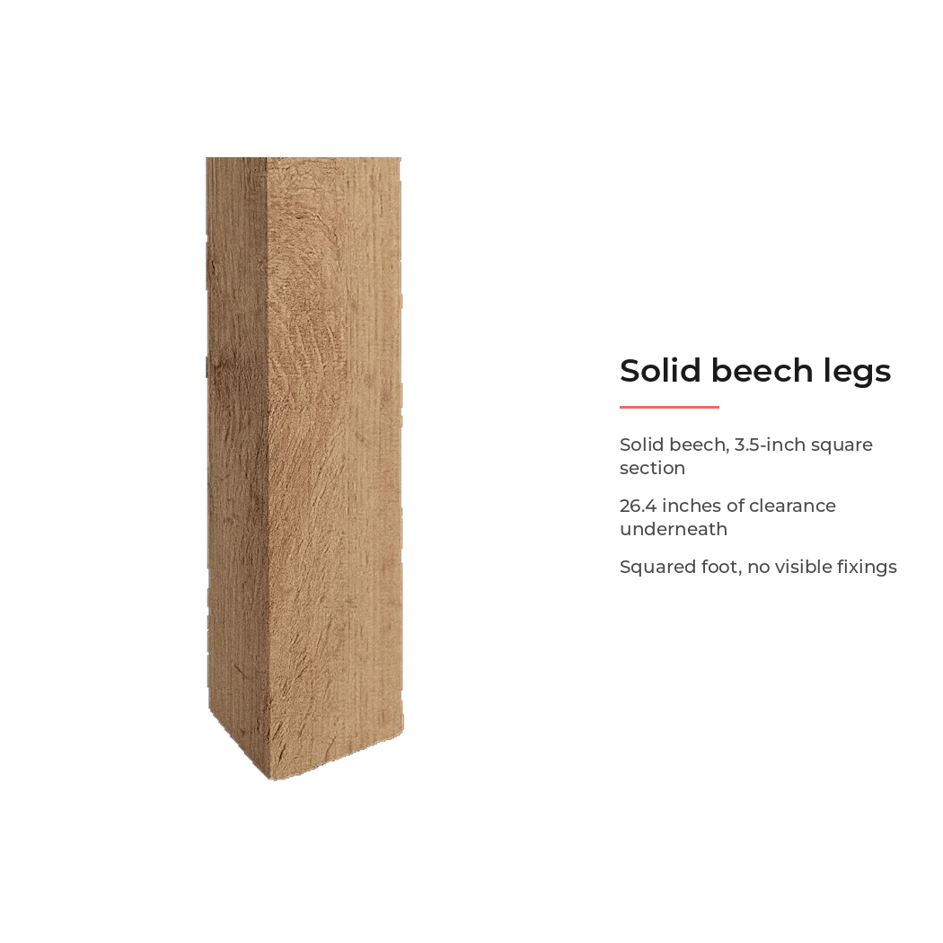 Spec card for the solid beech legs and 26.4 inches of clearance underneath (feature callout)