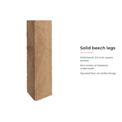 Spec card for the solid beech legs and 26.4 inches of clearance underneath (feature callout)